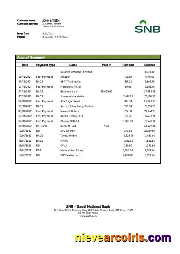 Saudi Arabia SNB bank statement